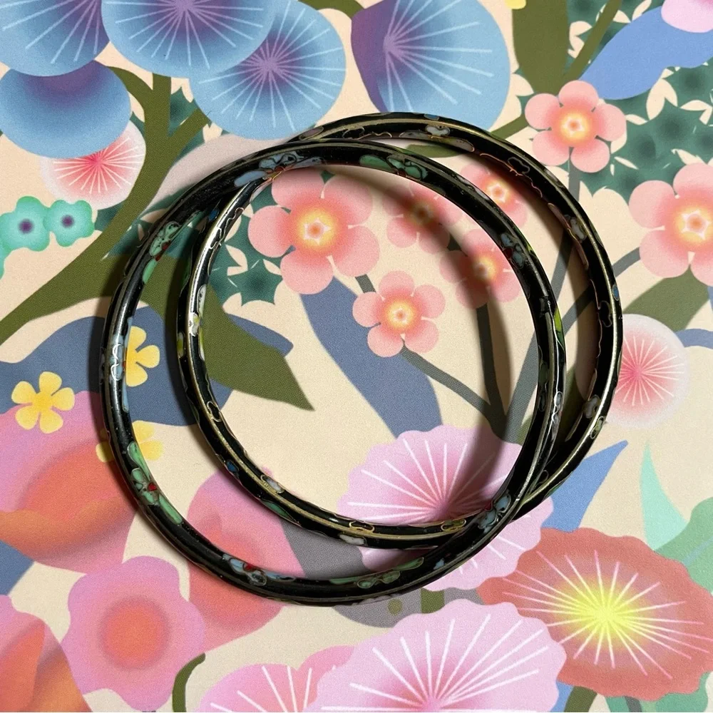 Two vintage cloisonné enamel bangle bracelets black w/ flowers & gold accents